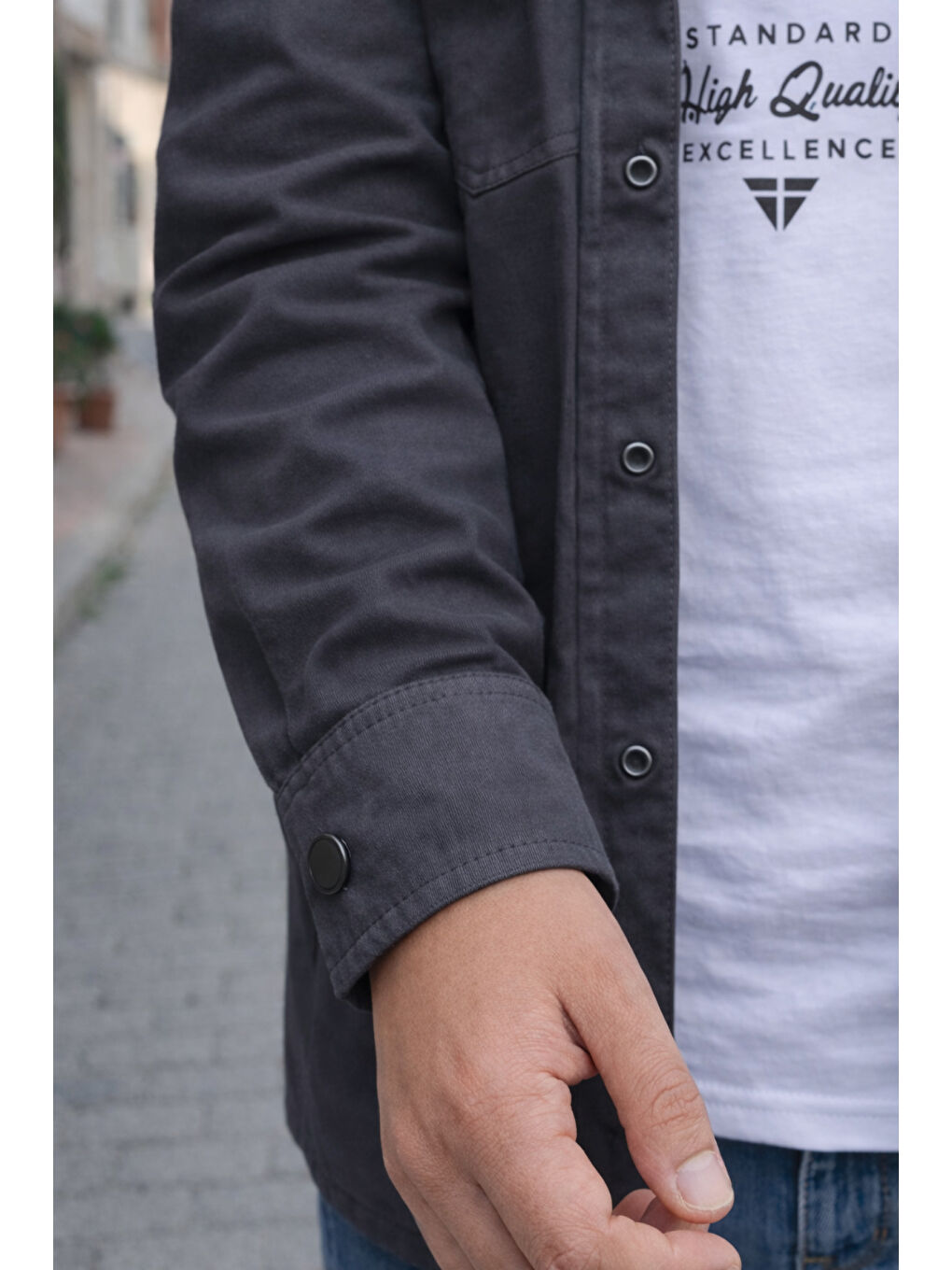 Gri Erkek Çocuk Çıtçıtlı Gömlek Tişört Üst Takım-6