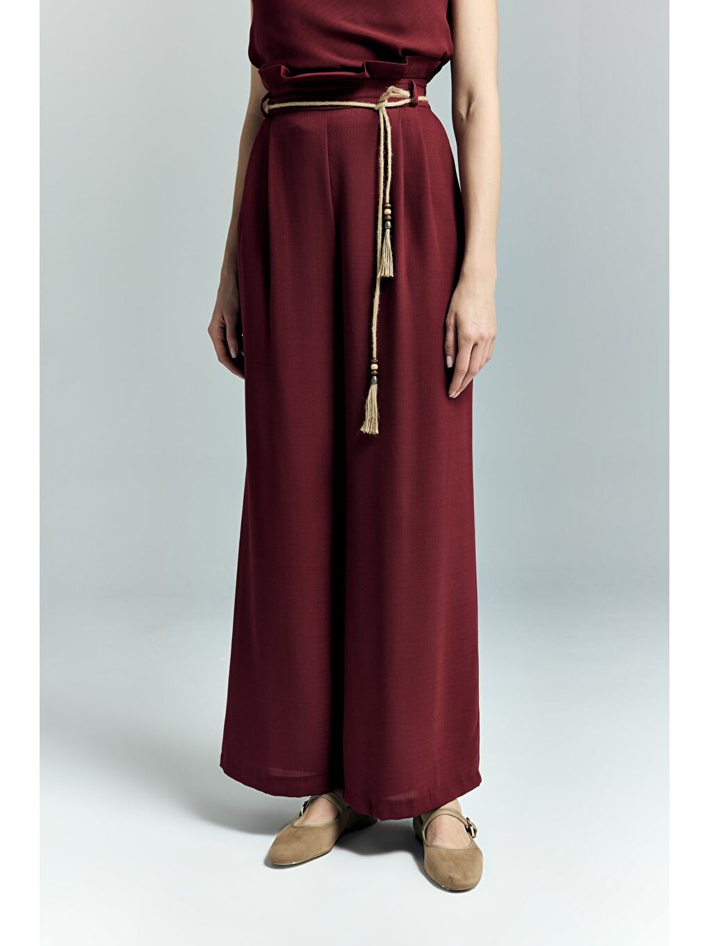 Kemer Detaylı Pantolon - Bordo-3