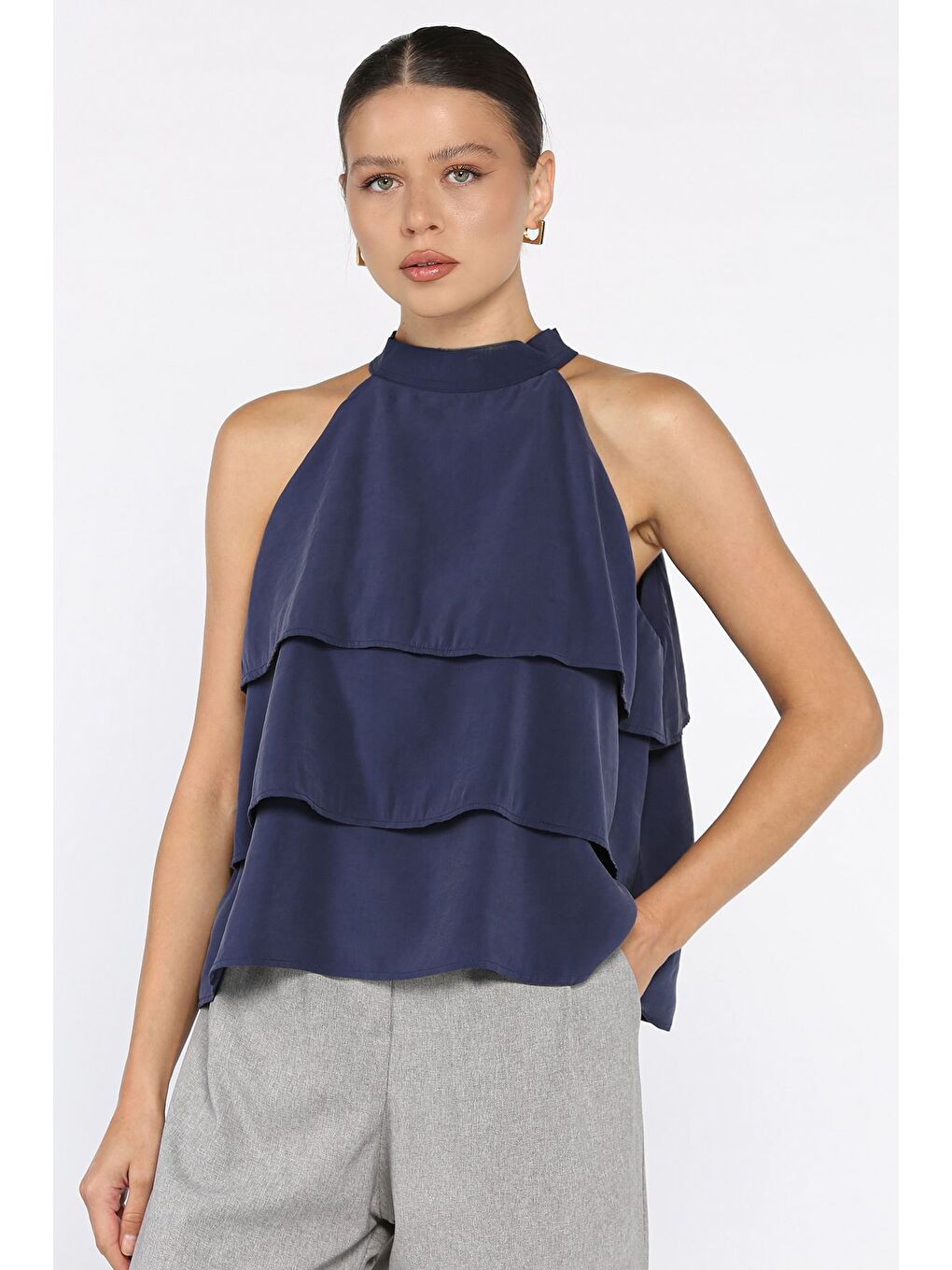 Lacivert Sıfır Kol Kat Kat Kadın Bluz