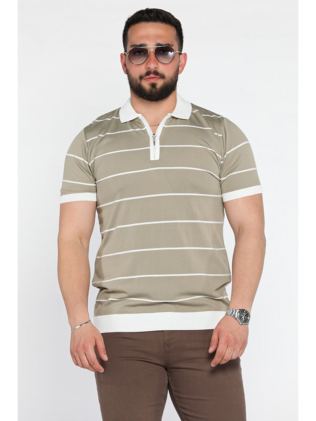 Bej Erkek Polo Yaka Yarım Fermuarlı Çizgi Desenli Triko Tişört