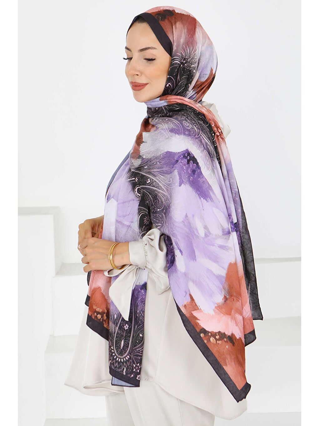 Kıraş Büyük Çiçek Desenli Şal Lila - 27621-2