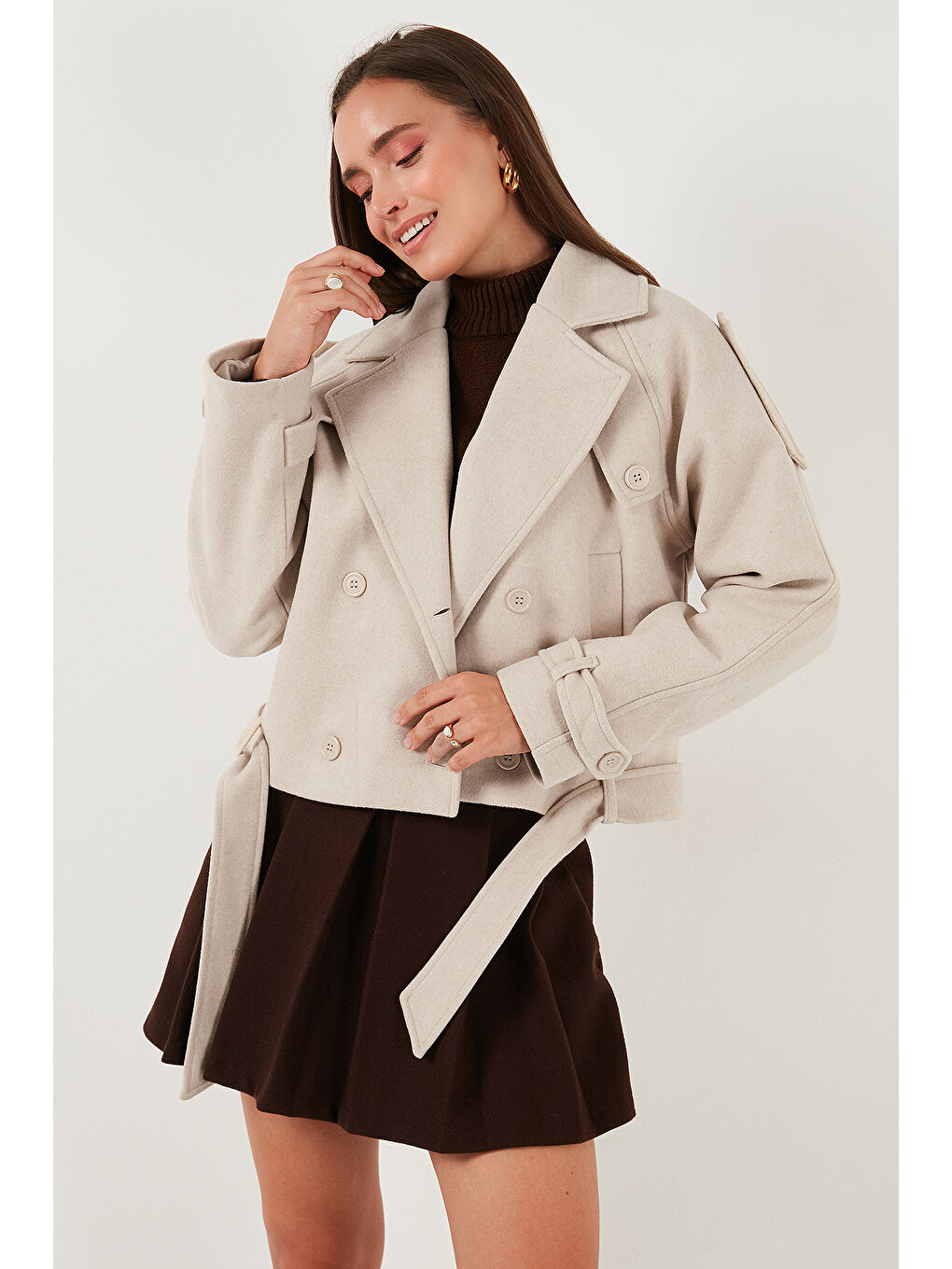 Bej Pamuklu Regular Fit Yumuşak Dokulu Kaşe Kısa Kaban 6810286-4