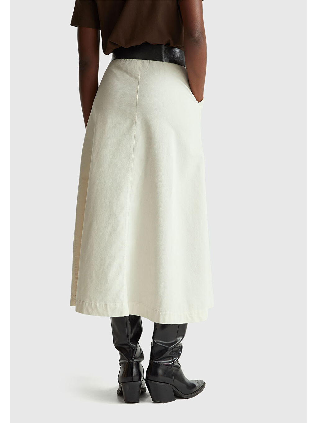 Ekru Kadın Krem %100 Pamuk Kadife Kloş Fermuarlı Midi Etek-2