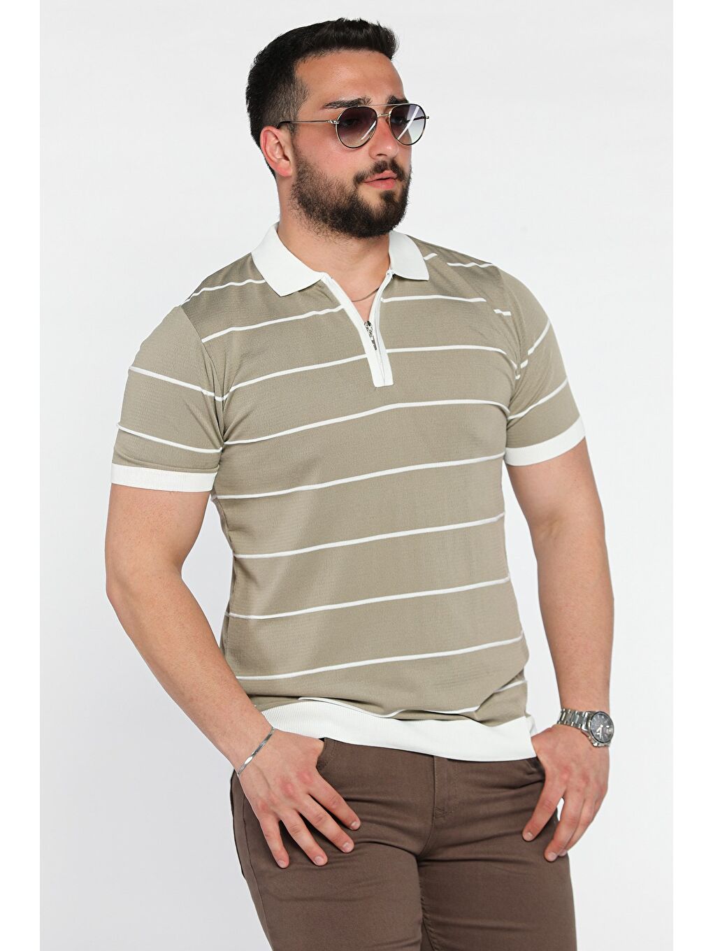 Bej Erkek Polo Yaka Yarım Fermuarlı Çizgi Desenli Triko Tişört-1