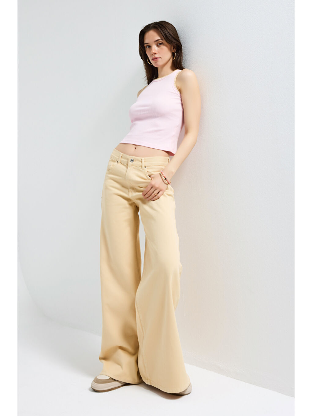 Kadın Bej Hera 6s6-57 Palazzo Fit Bol Kesim Denim Jean-3