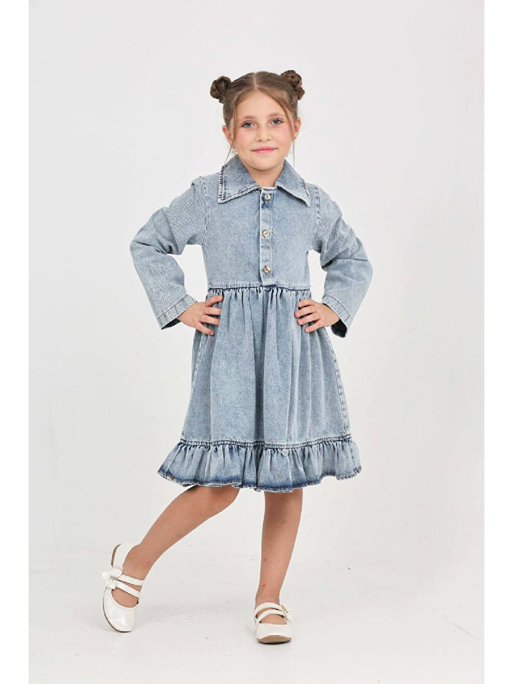 Mavi Kız Çocuk Etek Pileli ve Gömlek Yakalı Jean Elbise 12468