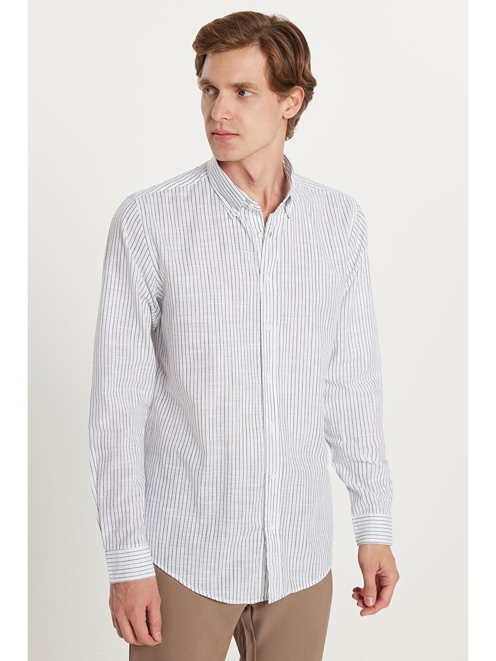 Karışık Erkek Slim Fit Dar Kesim Düğmeli Spor Yaka Keten Efekt %100 Pamuk Yeşil Çizgili Yazlık Gömlek-1