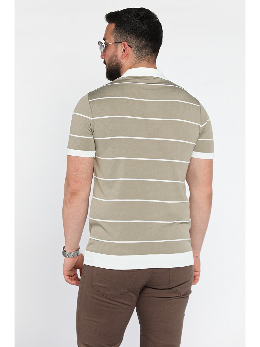 Bej Erkek Polo Yaka Yarım Fermuarlı Çizgi Desenli Triko Tişört-2