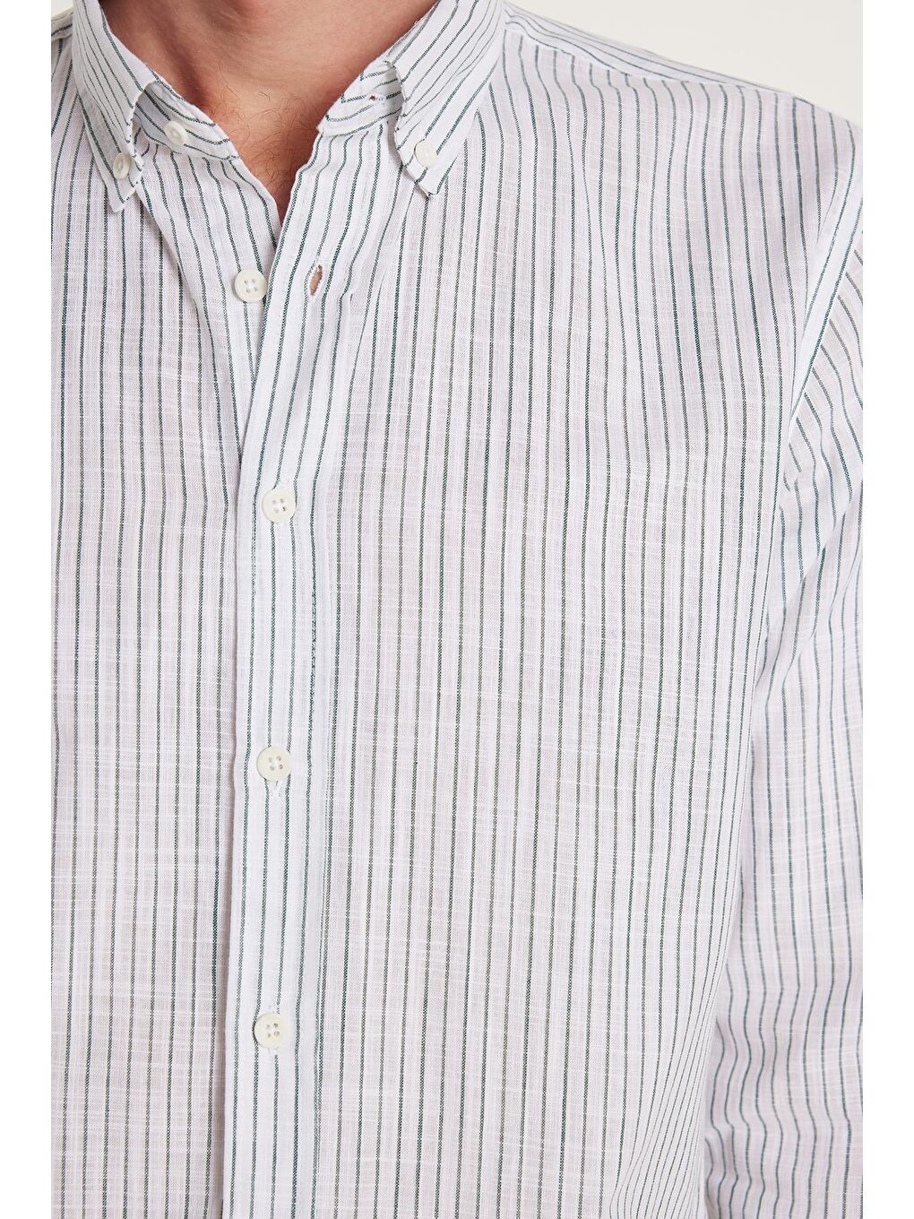Karışık Erkek Slim Fit Dar Kesim Düğmeli Spor Yaka Keten Efekt %100 Pamuk Yeşil Çizgili Yazlık Gömlek-2