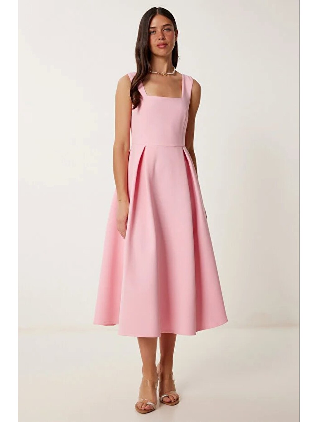A Kesim Midi Dokuma Elbise Pembe