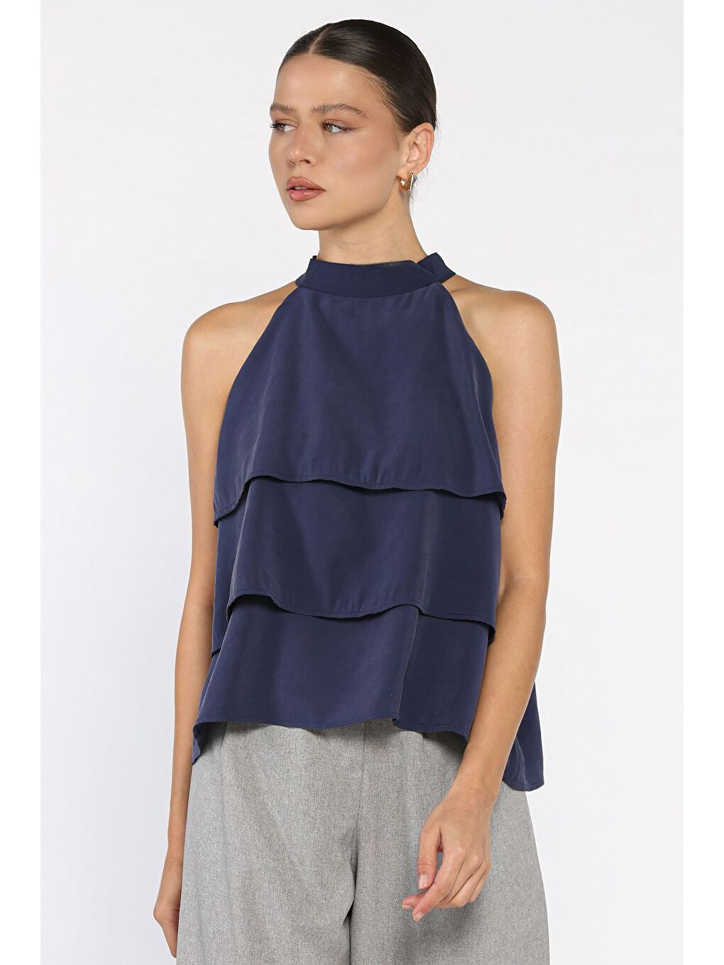 Lacivert Sıfır Kol Kat Kat Kadın Bluz-1