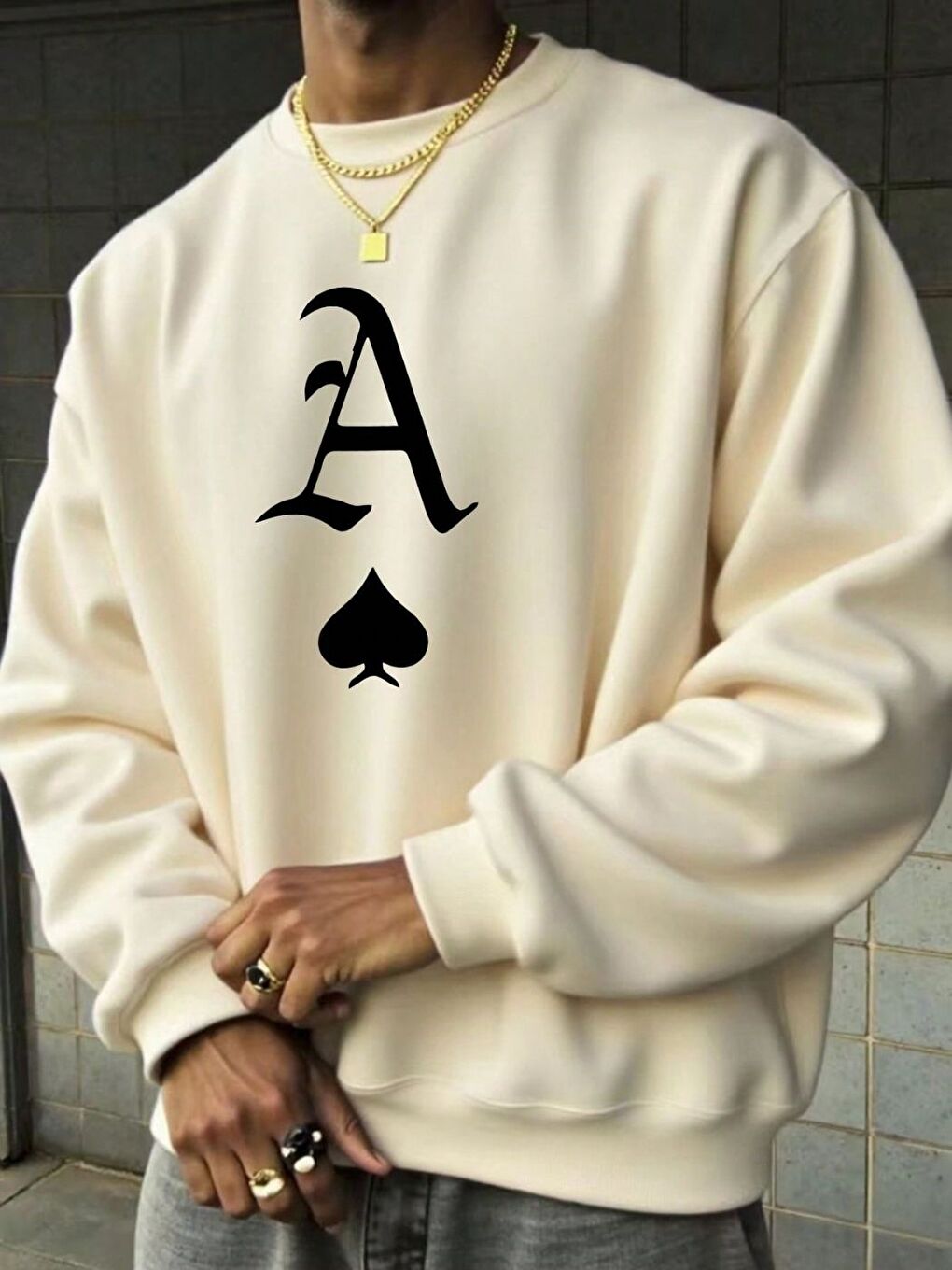 Erkek Bej A Kupa Baskılı Oversize Bisiklet Yaka Uzun Kollu Sweatshirt