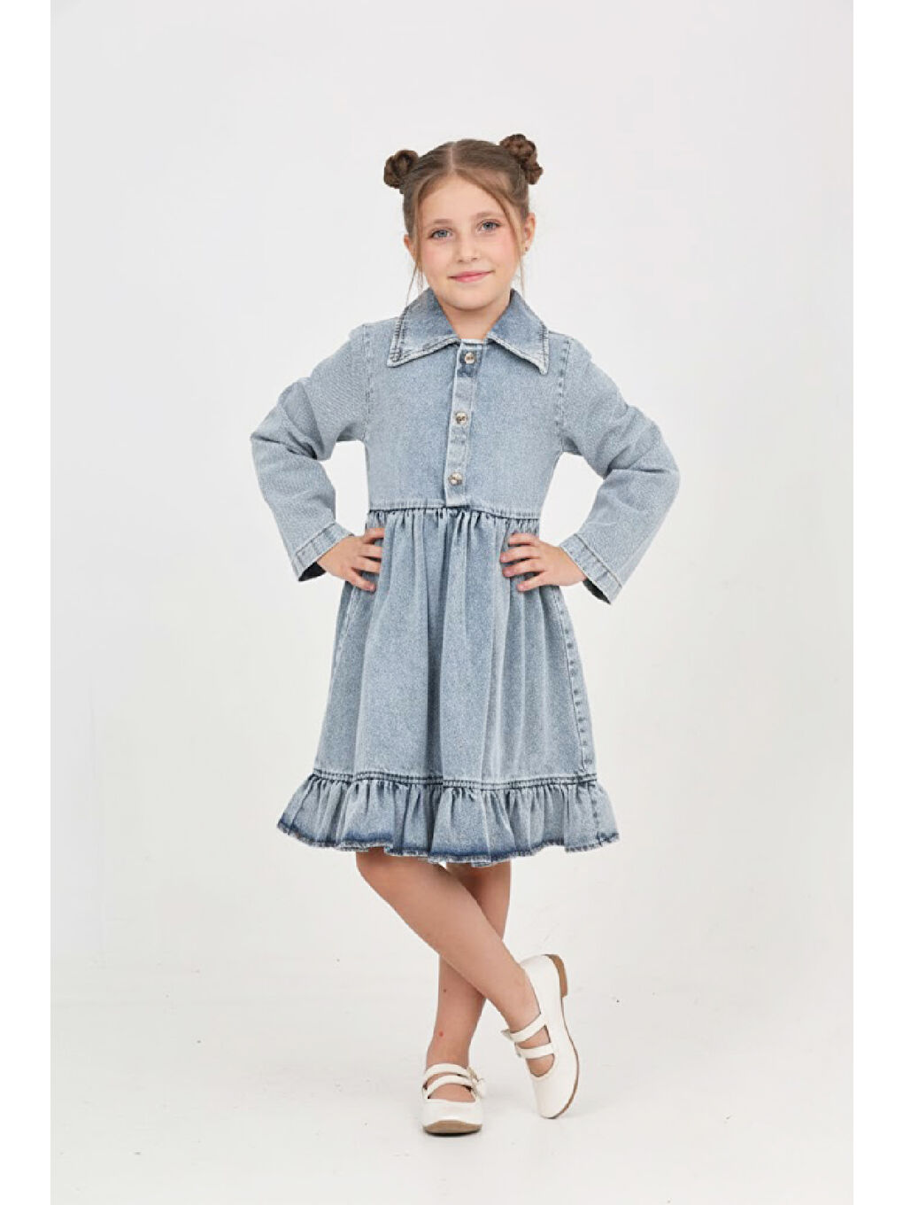 Mavi Kız Çocuk Etek Pileli ve Gömlek Yakalı Jean Elbise 12468-1