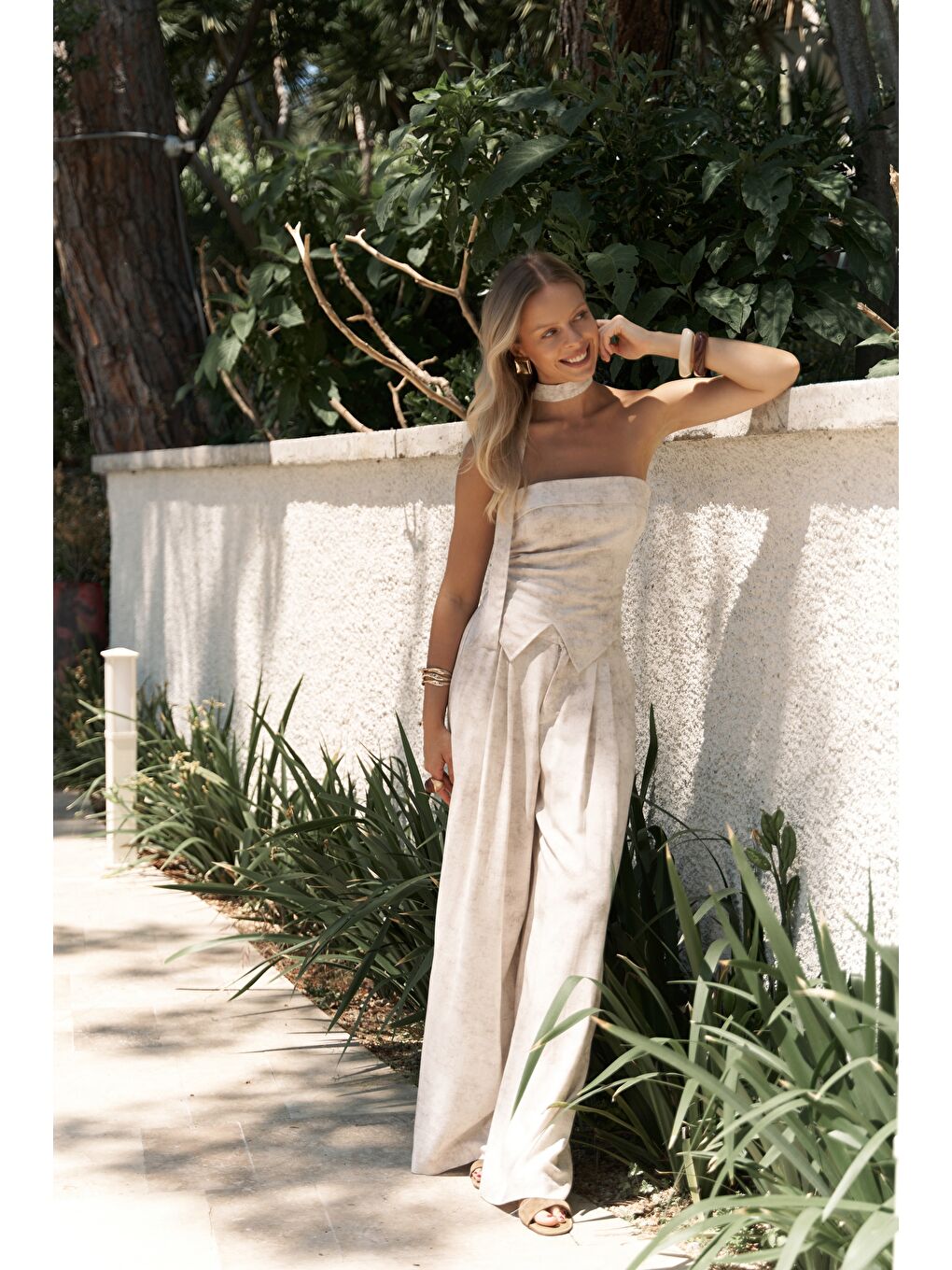 Bhioctoria Bej Straplez Crop Pantolon Takım-3