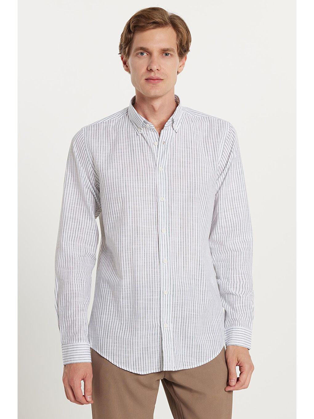 Karışık Erkek Slim Fit Dar Kesim Düğmeli Spor Yaka Keten Efekt %100 Pamuk Yeşil Çizgili Yazlık Gömlek-3