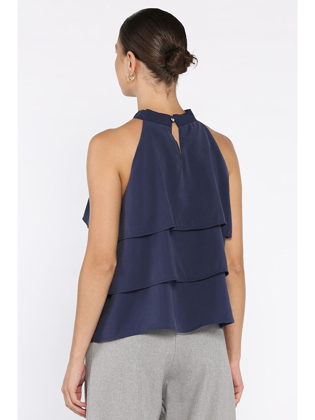 Lacivert Sıfır Kol Kat Kat Kadın Bluz-2