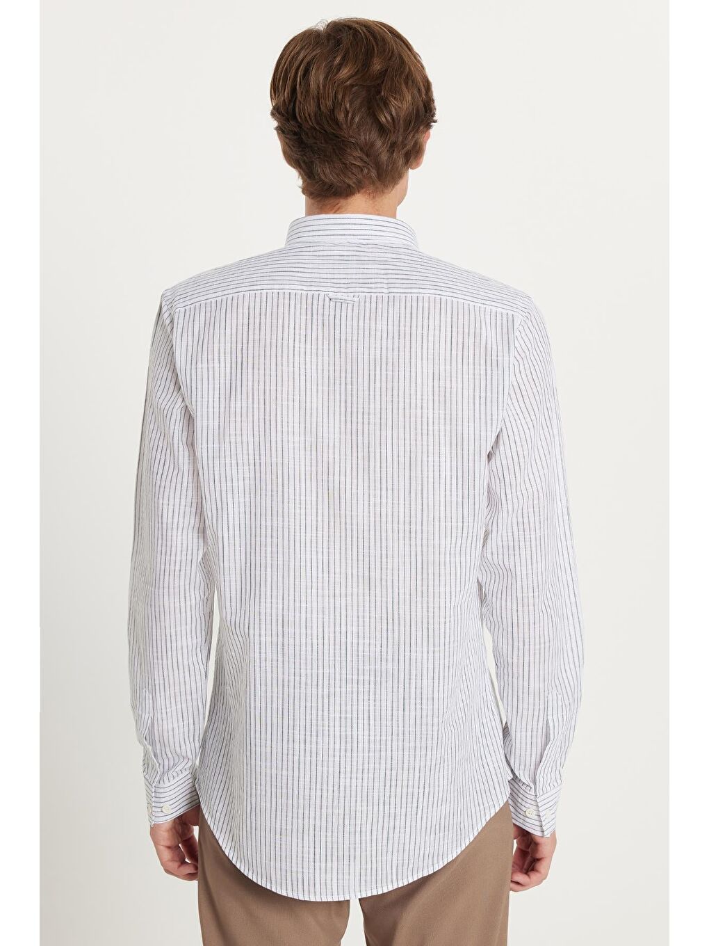 Karışık Erkek Slim Fit Dar Kesim Düğmeli Spor Yaka Keten Efekt %100 Pamuk Yeşil Çizgili Yazlık Gömlek-4