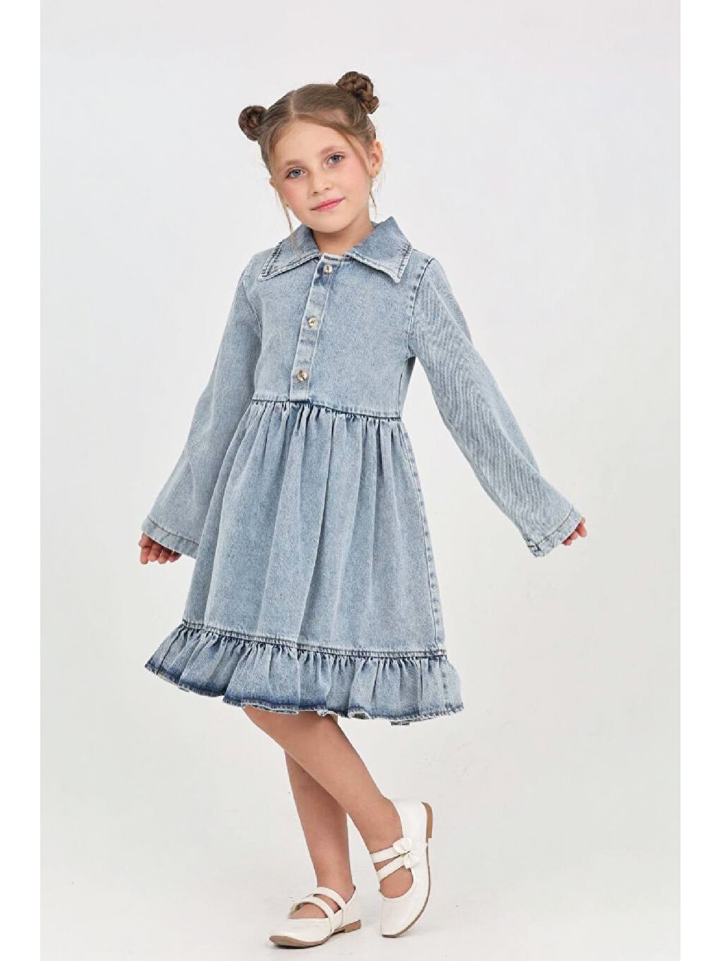 Mavi Kız Çocuk Etek Pileli ve Gömlek Yakalı Jean Elbise 12468-2