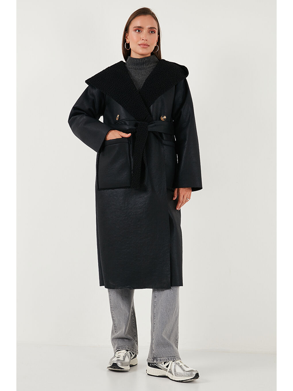 Siyah Çift Taraflı Kapüşonlu Oversize Uzun Kaban 6810295-2