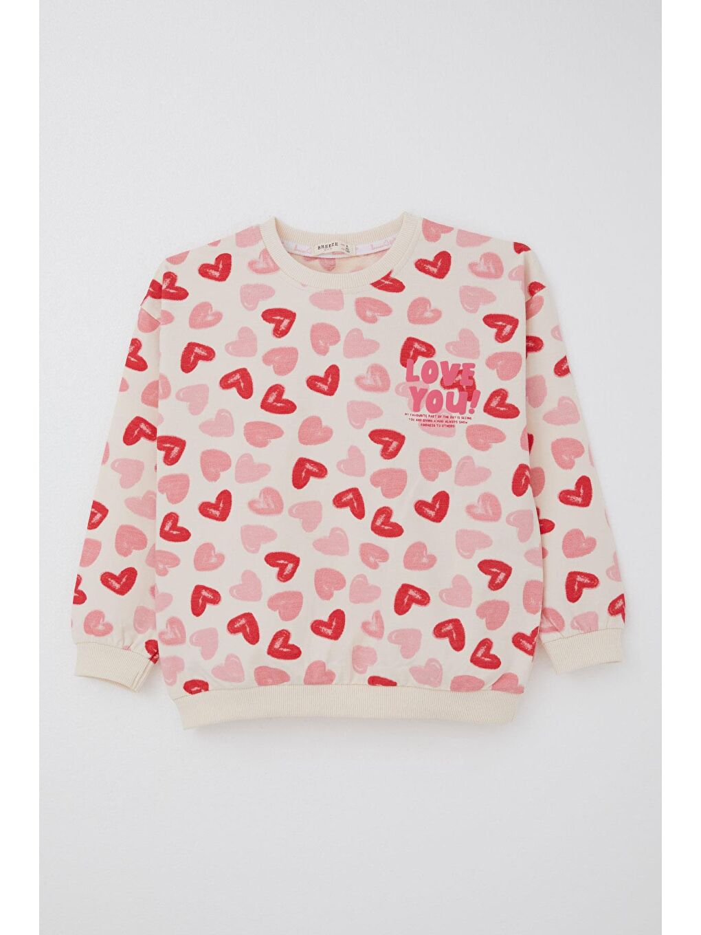 Ekru Kız Çocuk Eşofman Takımı Kalp Desenli Kabartma Yazı Baskılı Sırt Kısmı Baskı Detaylı Krem (4-8 Yaş)-1