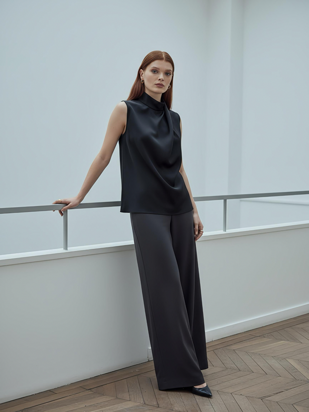 Siyah Boğazlı İç Göstermeyen Sıfır Kol Kadın Gömleği