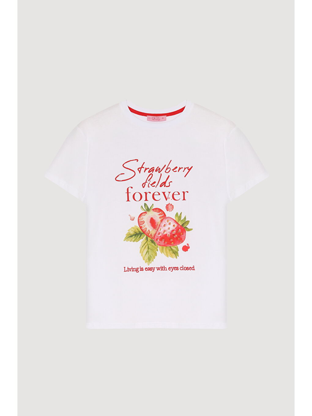 Çilek Baskılı Yazı Nakışlı Tişört Beyaz