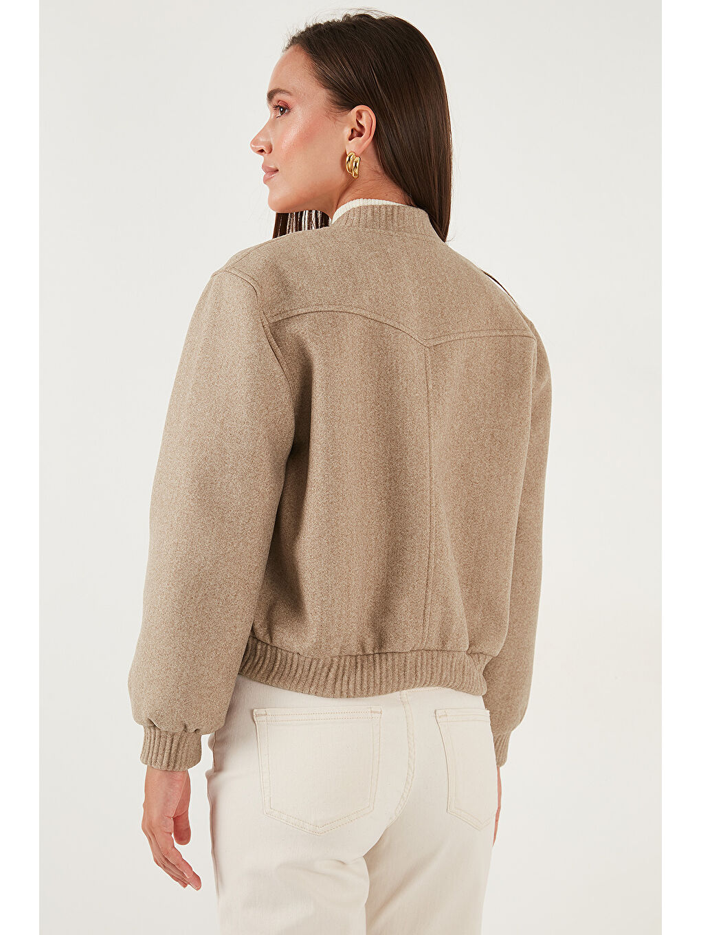 Bej Loose Fit Sıfır Yaka Çıtçıtlı Kaşe Kısa Mont 6810178-6