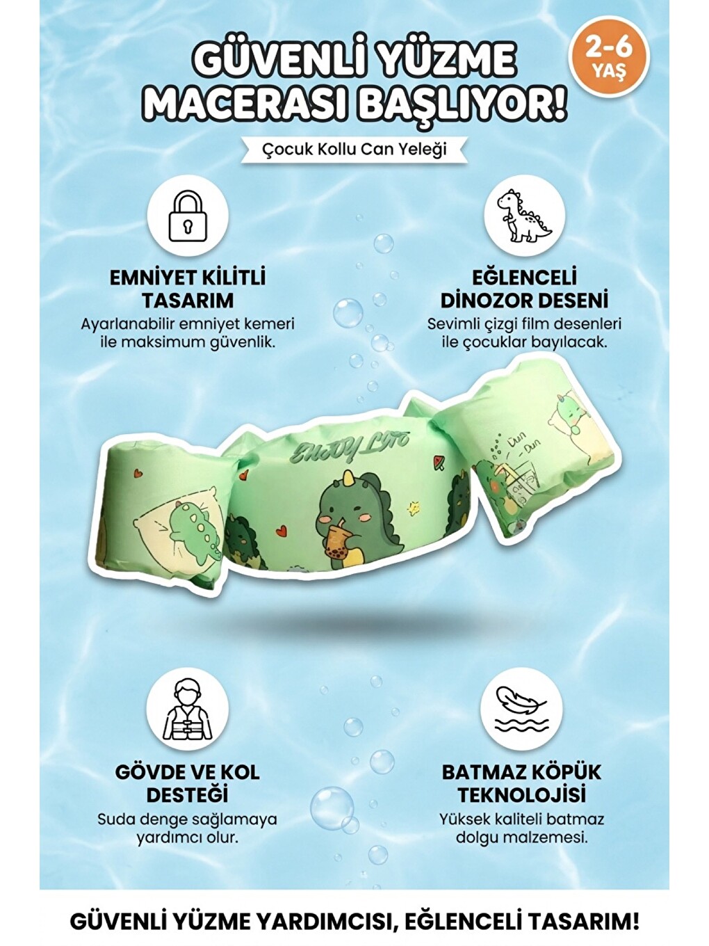Karışık Bebek Kolluk Can Yeleği Seti Dino Desenli Göğüs Destekli Süngerli Güvenli Yüzme Yardımcısı Yeşil