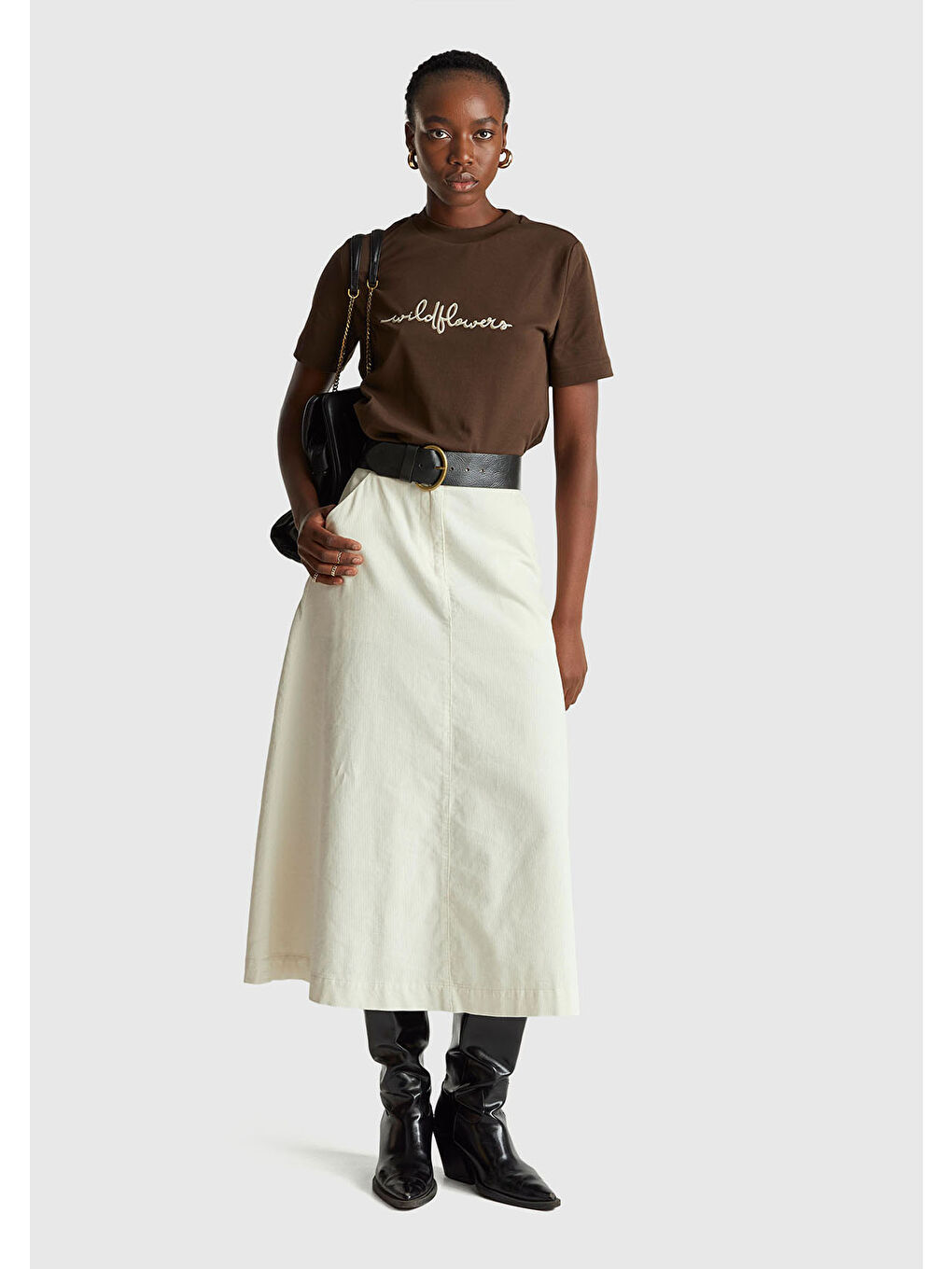 Ekru Kadın Krem %100 Pamuk Kadife Kloş Fermuarlı Midi Etek-4