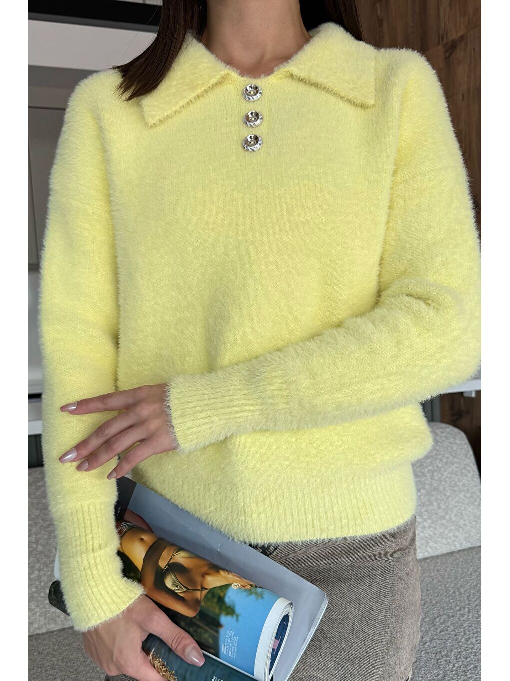 Sarı Gömlek Yaka Düğmeli Şardonlu Triko Kazak (s,m,l,xl Uyumludur)