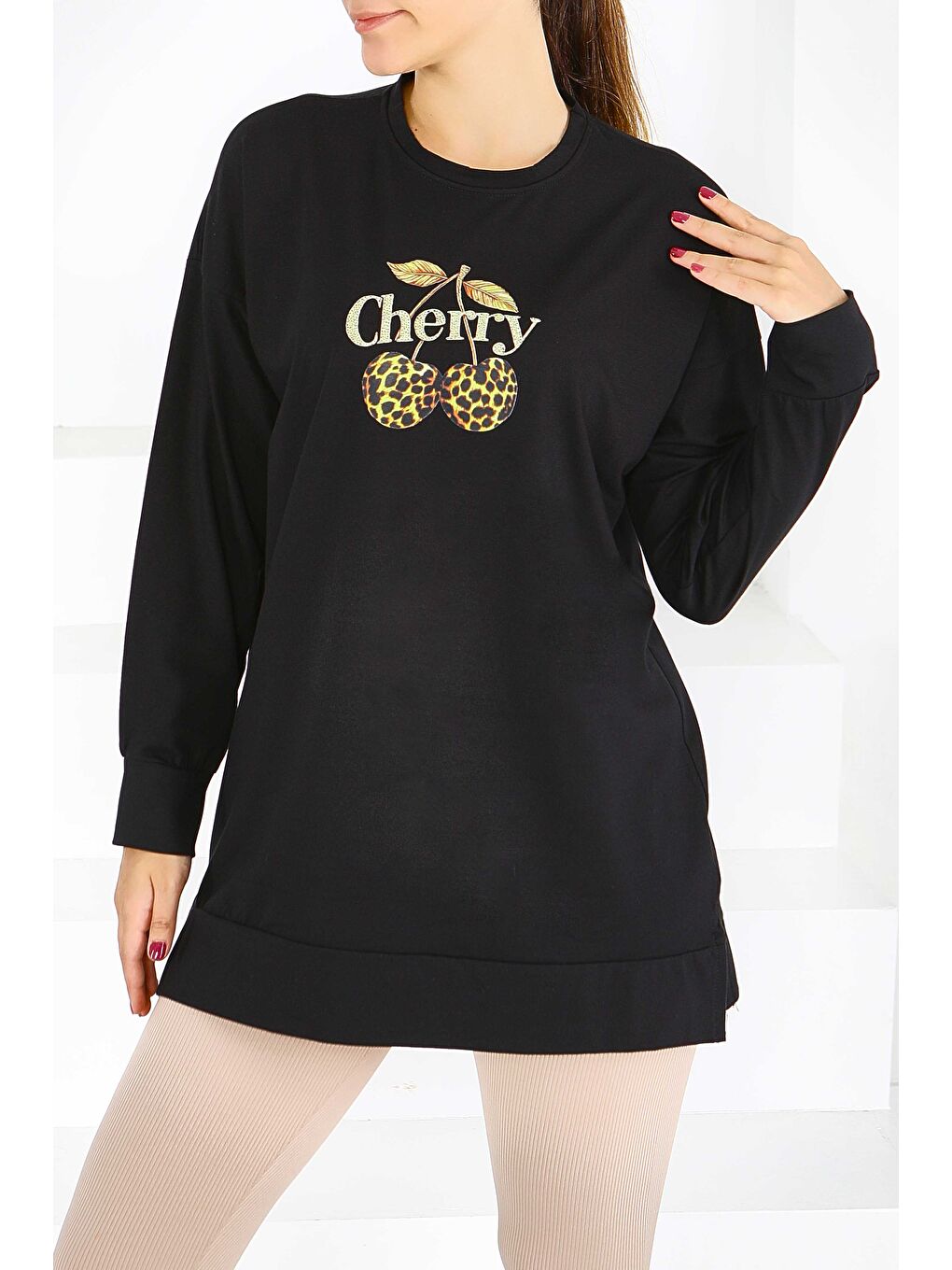 Uzun Kollu Baskılı Süprem Tunik Siyah - 27587-1