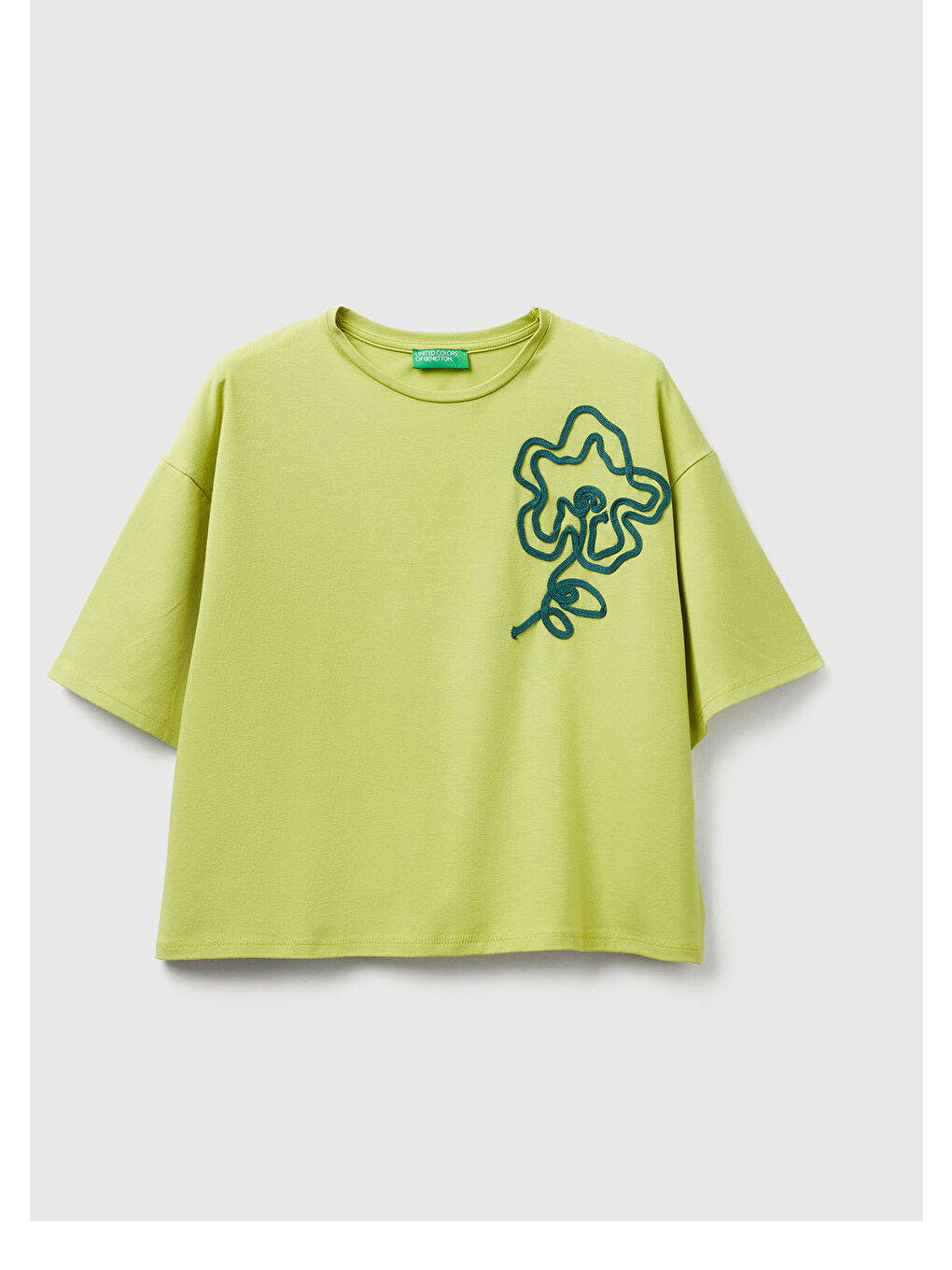 Kadın Açık Yeşil Pamuk Karışımlı Çiçek Aplikeli T-Shirt-1