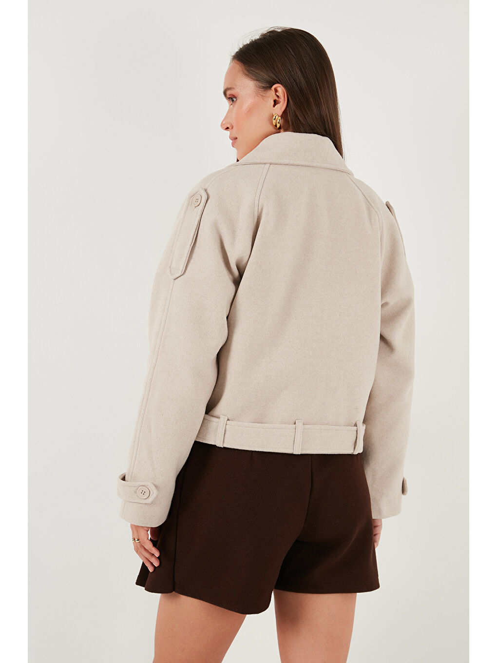 Bej Pamuklu Regular Fit Yumuşak Dokulu Kaşe Kısa Kaban 6810286-6