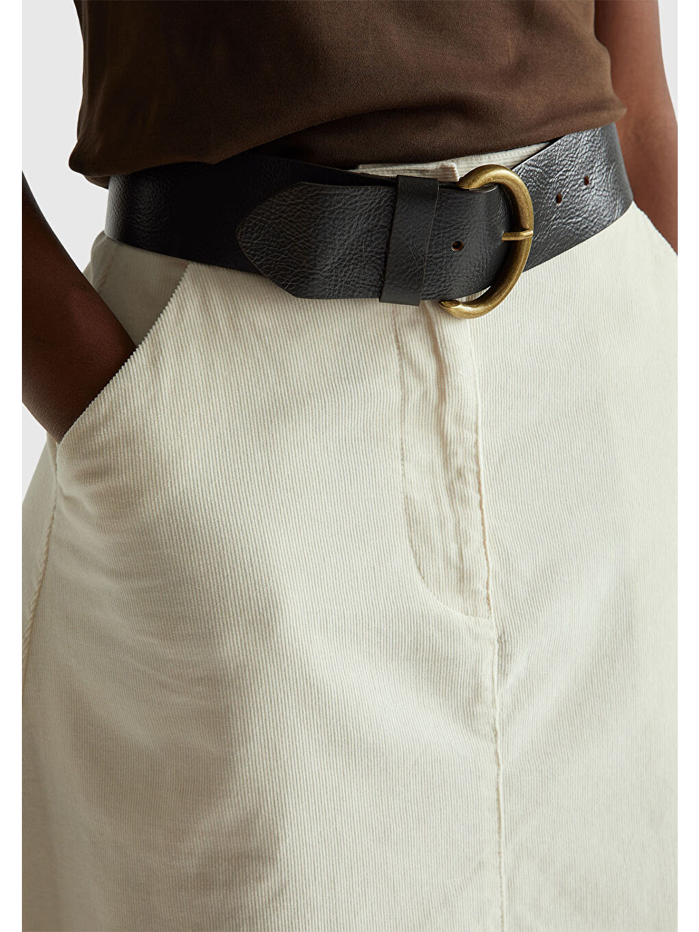 Ekru Kadın Krem %100 Pamuk Kadife Kloş Fermuarlı Midi Etek-5