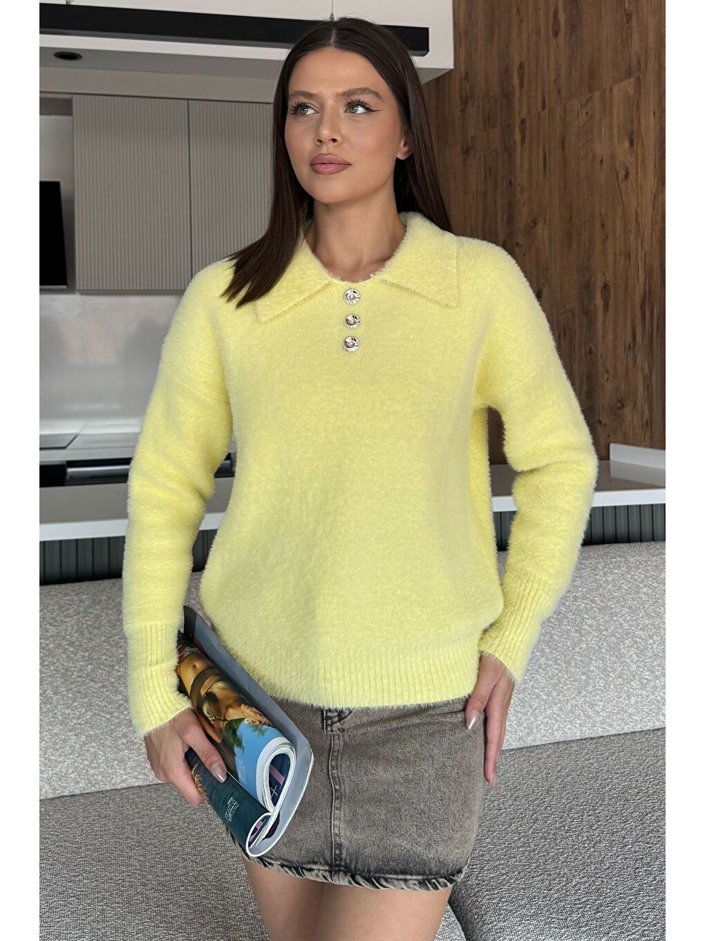 Sarı Gömlek Yaka Düğmeli Şardonlu Triko Kazak (s,m,l,xl Uyumludur)-1