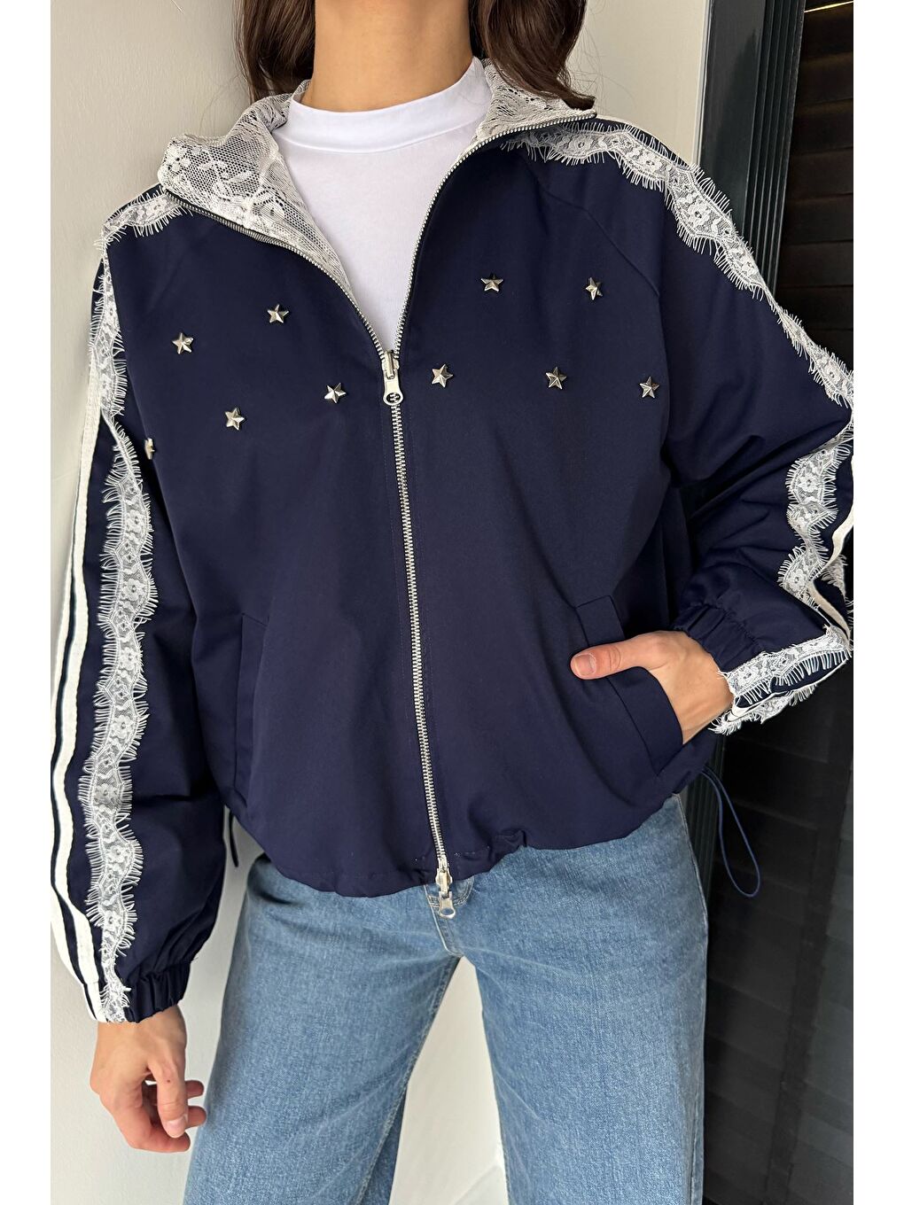 Lacivert Çift Taraflı Giyilebilir Dantel Detaylı Tarz Mont-1