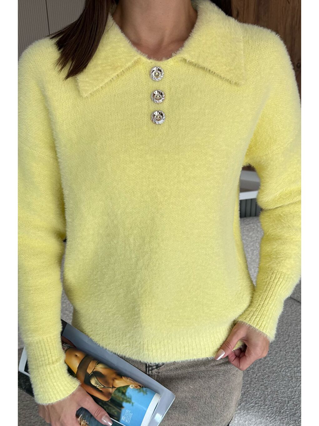 Sarı Gömlek Yaka Düğmeli Şardonlu Triko Kazak (s,m,l,xl Uyumludur)-2