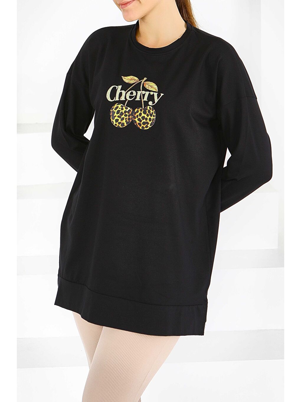 Uzun Kollu Baskılı Süprem Tunik Siyah - 27587-2