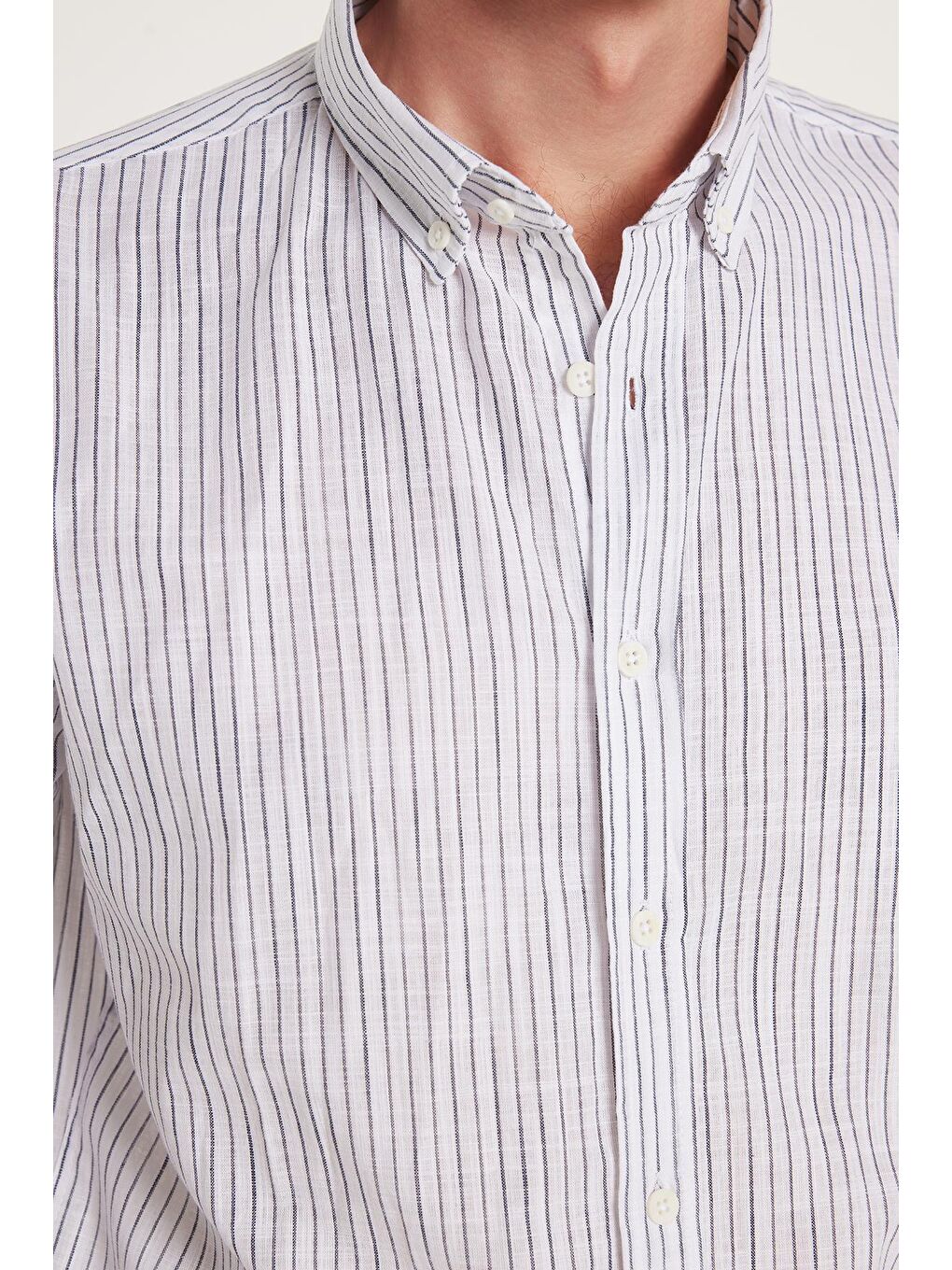 Karışık Erkek Slim Fit Dar Kesim Düğmeli Spor Yaka Keten Efekt %100 Pamuk Lacivert Çizgili Yazlık Gömlek-2