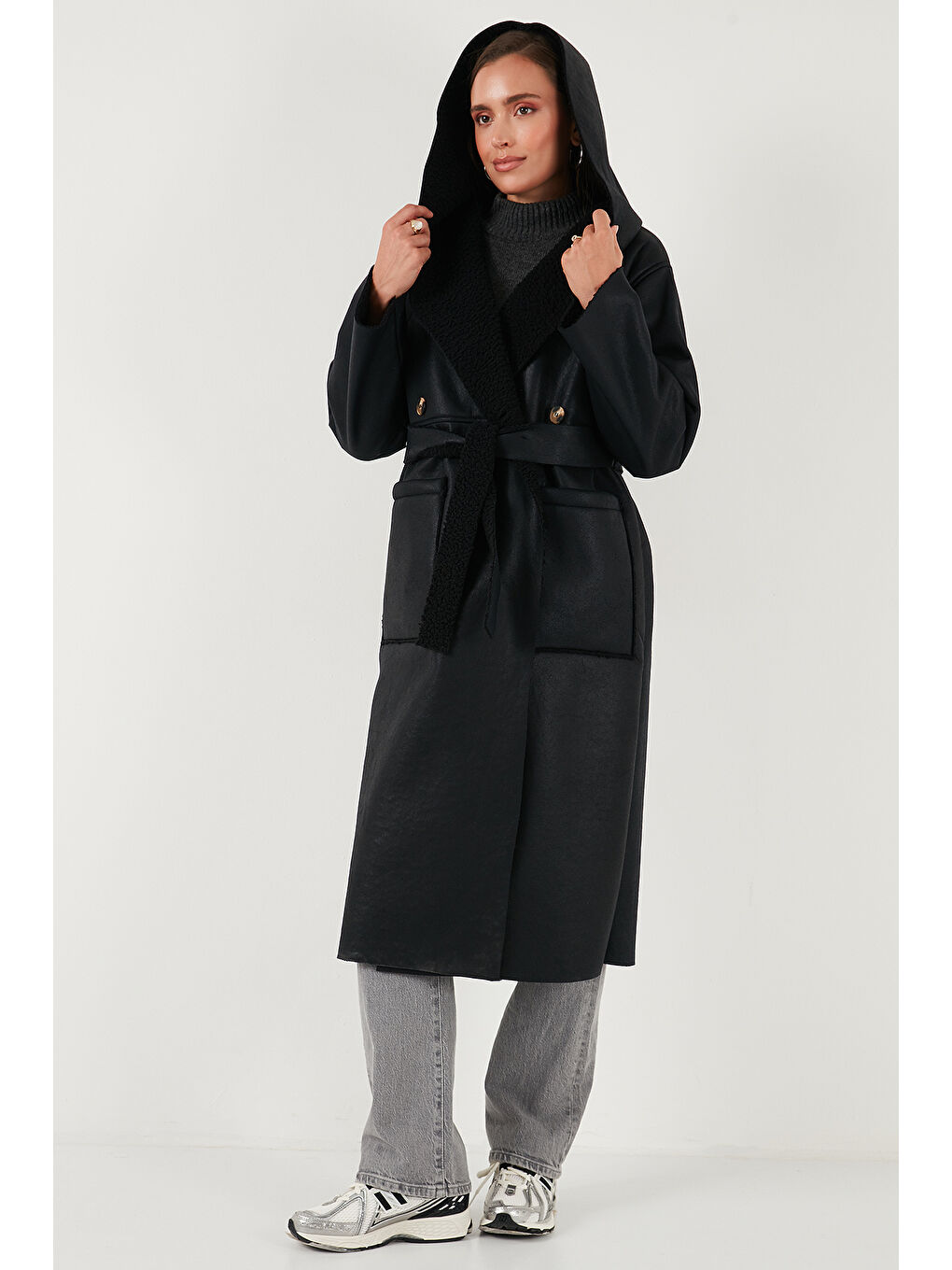 Siyah Çift Taraflı Kapüşonlu Oversize Uzun Kaban 6810295-3