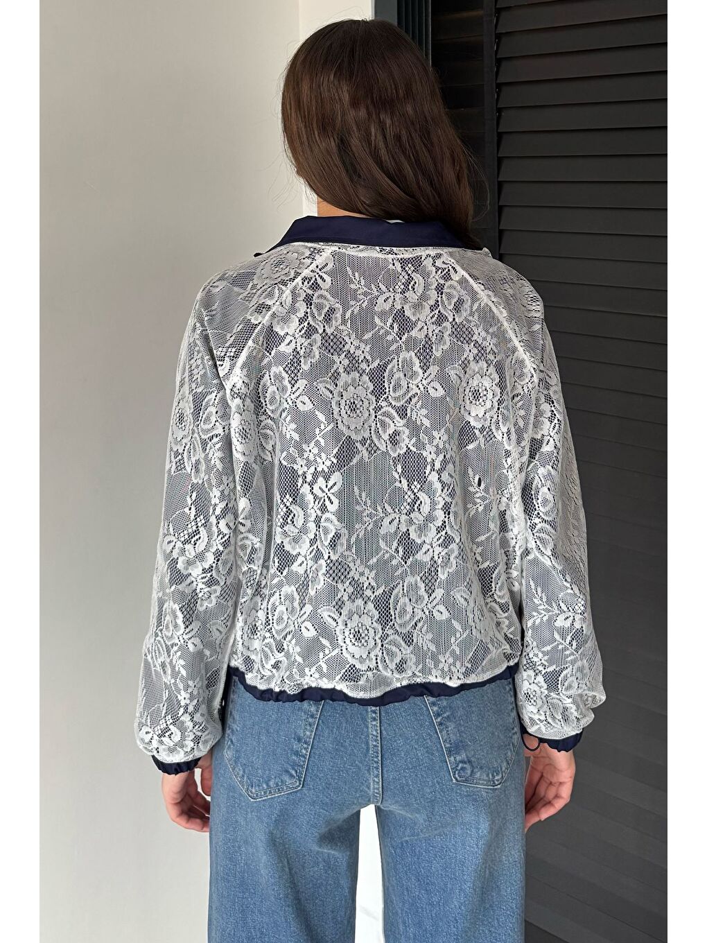 Lacivert Çift Taraflı Giyilebilir Dantel Detaylı Tarz Mont-5