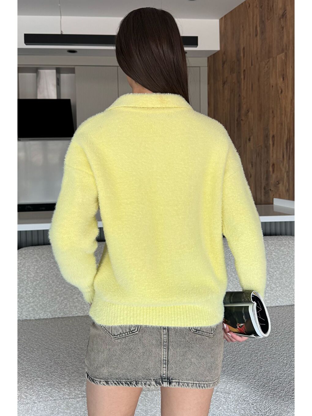 Sarı Gömlek Yaka Düğmeli Şardonlu Triko Kazak (s,m,l,xl Uyumludur)-3