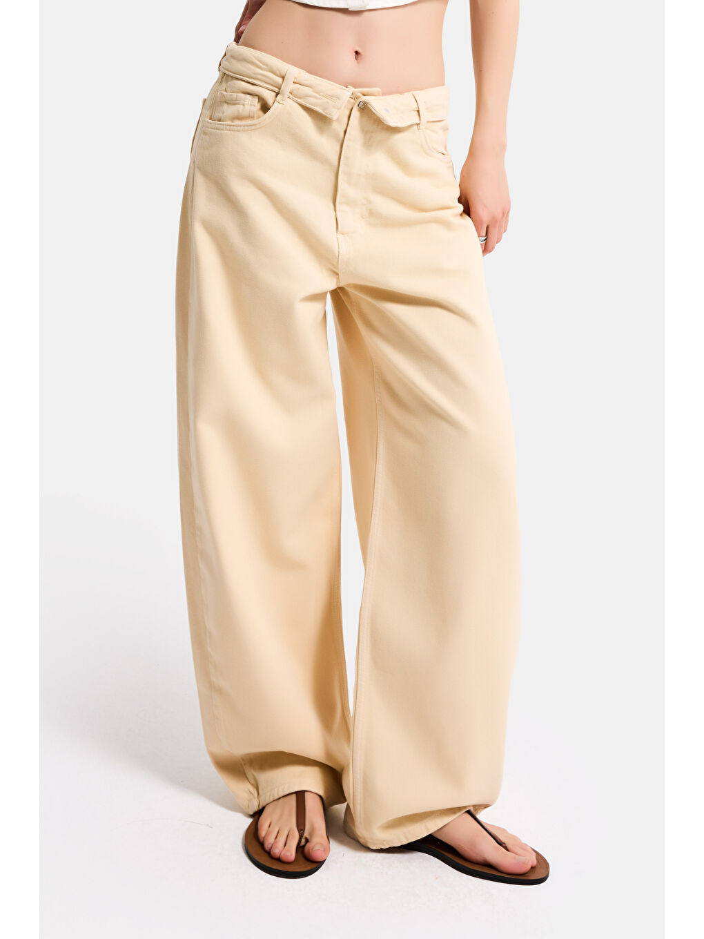 Kadın Bej 6s6-57 Straight Fit Kemer Detaylı Özel Tasarım Denim Jean