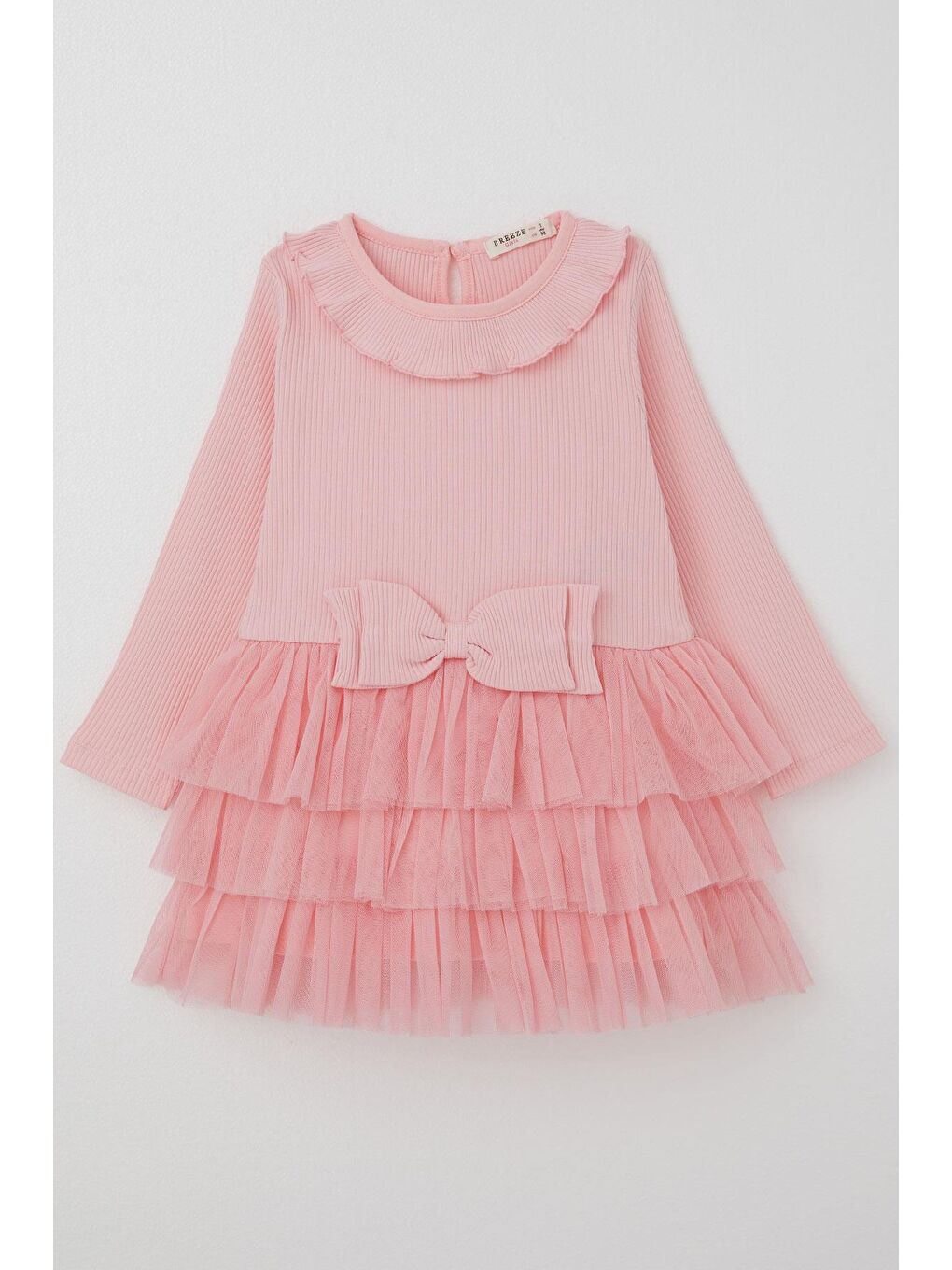 Kız Çocuk Uzun Kollu Elbise Kat Kat Tüllü Fiyonklu Pembe (1.5-3 Yaş)