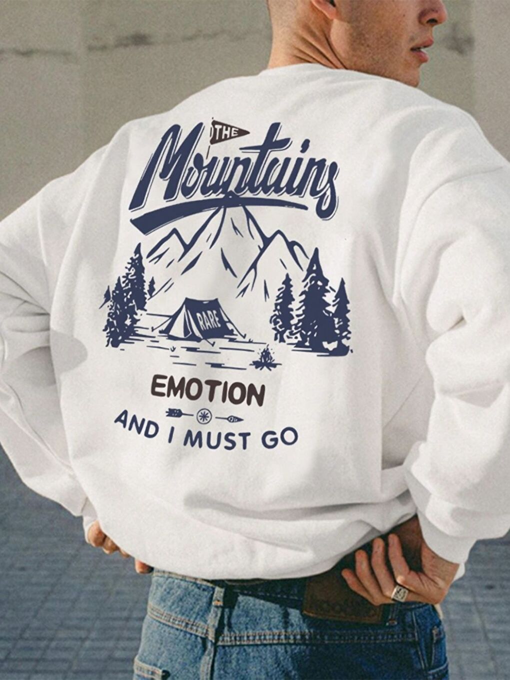 Erkek Beyaz Mountains EMOTİON Baskılı Oversize Bisiklet Yaka Uzun Kollu Sweatshirt-1