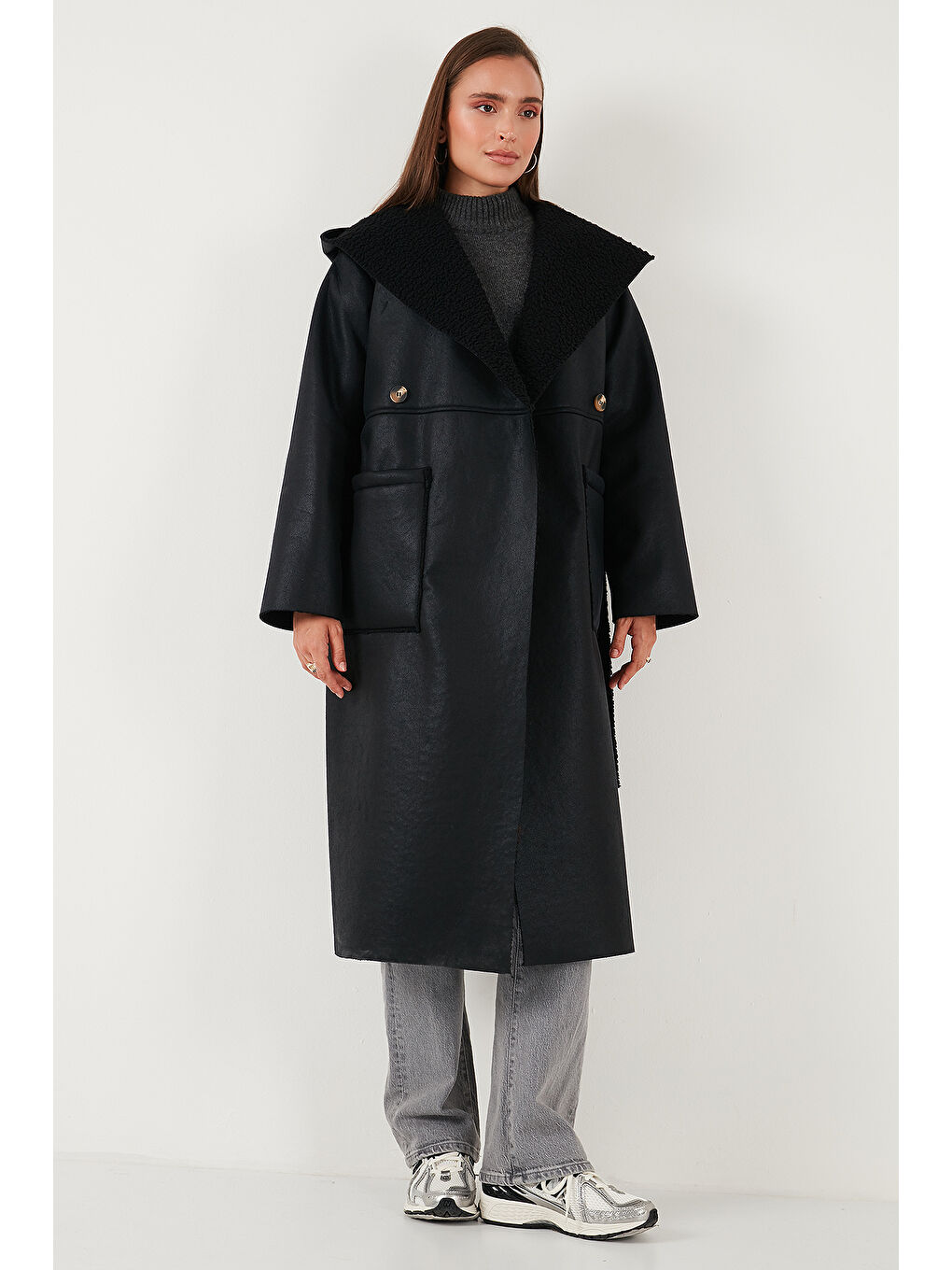 Siyah Çift Taraflı Kapüşonlu Oversize Uzun Kaban 6810295-4