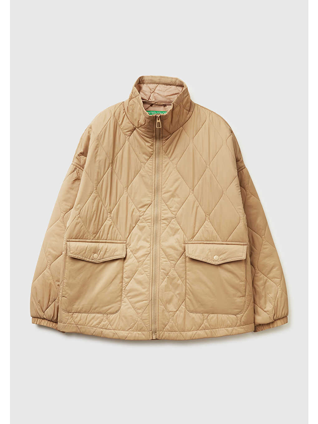 Kadın Açık Kahverengi Fermuarlı Cepli Dik Yaka Kapitone Mont-1