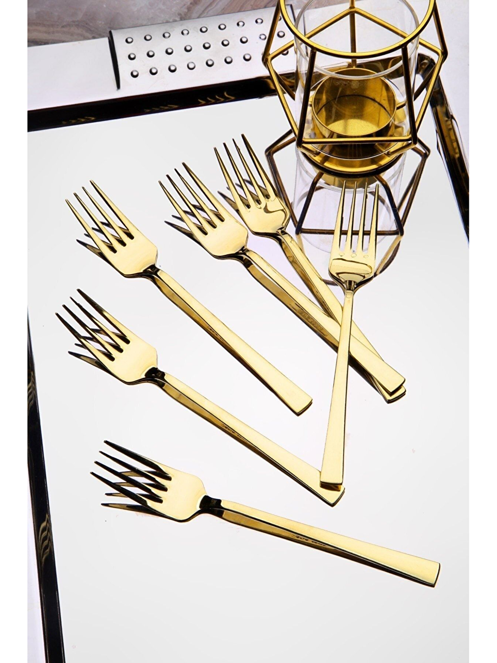 Sarı Parlak Gold Tatlı Çatalı 6 Adet Kahvaltı Çatal Seti Kutulu Set Paslanmaz Çelik-2