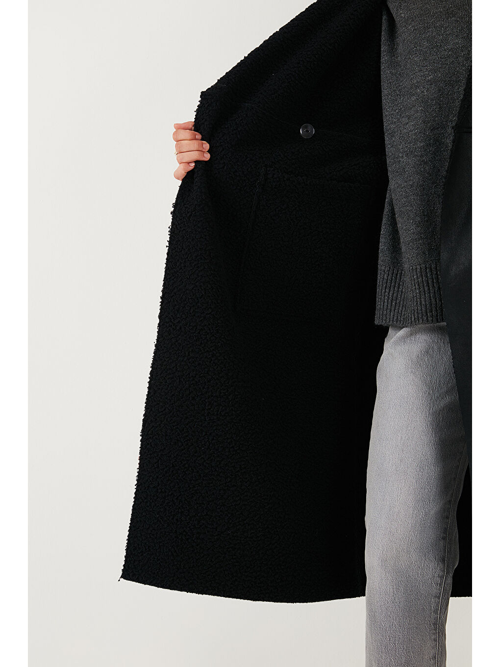 Siyah Çift Taraflı Kapüşonlu Oversize Uzun Kaban 6810295-5