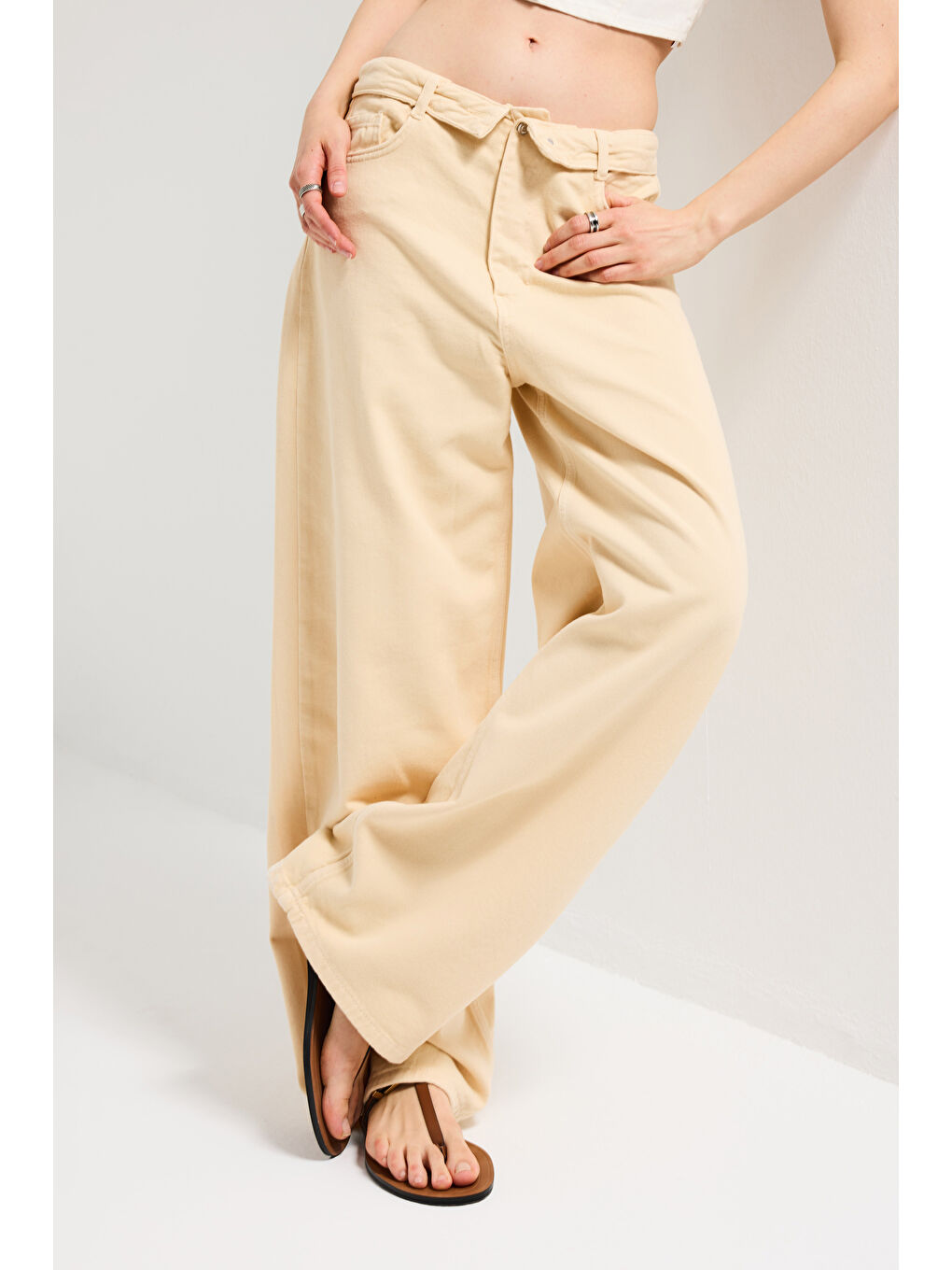 Kadın Bej 6s6-57 Straight Fit Kemer Detaylı Özel Tasarım Denim Jean-5